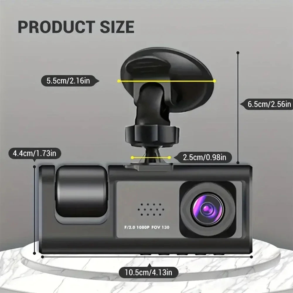 Dash Cam 3 Canais 1080P com Visão Noturna - Câmera DVR Carro com Ecrã IPS e Gravação Loop
