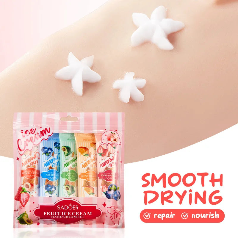 Kit 5 Cremes de Mãos SADOER Gelado de Frutas – Hidratante Nutritivo Iluminador para Cuidado de Pele das Mãos