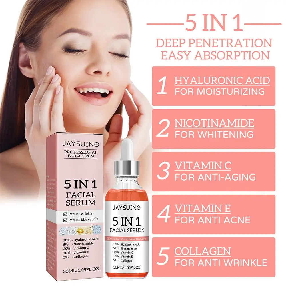 Sérum Facial 5 em 1 com 30% Vitamina C - Anti-Rugas Hidratante Clareador Niacinamida Ácido Hialurónico 30ml