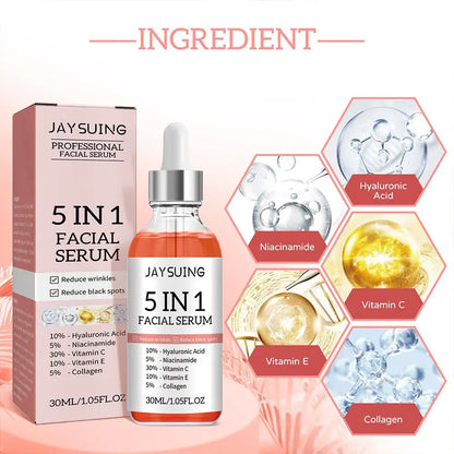 Sérum Facial 5 em 1 com 30% Vitamina C - Anti-Rugas Hidratante Clareador Niacinamida Ácido Hialurónico 30ml