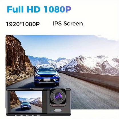 Dash Cam 3 Canais 1080P com Visão Noturna - Câmera DVR Carro com Ecrã IPS e Gravação Loop