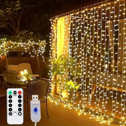Luz de Cortina LED com Controle Remoto USB – 3m / 6m | 8 Modos de Iluminação | Decorativa para Quarto, Sala, Festas, Casamentos e Natal