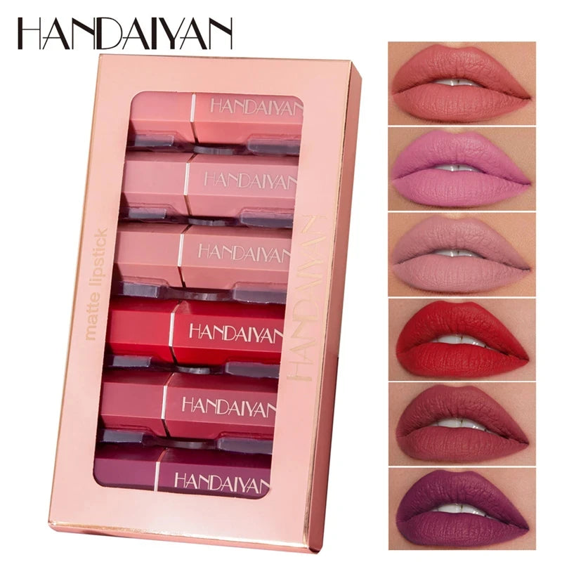 Kit HANDAIYAN 6 Batons Veludo Mate – Maquilhagem Lábios Nude Cosmético Pigmentado Cremoso