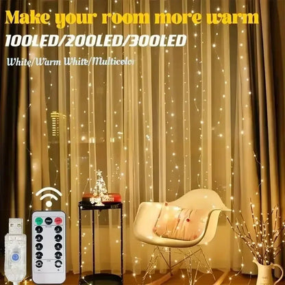 Luz de Cortina LED com Controle Remoto USB – 3m / 6m | 8 Modos de Iluminação | Decorativa para Quarto, Sala, Festas, Casamentos e Natal