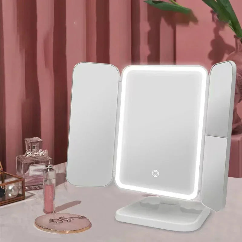 Espelho de Maquilhagem Tri-Fold com Luz LED | 3 Modos de Cor, Ampliação 3X e Base Desmontável