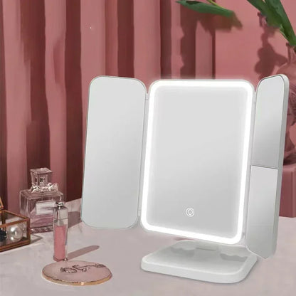 Espelho de Maquilhagem Tri-Fold com Luz LED | 3 Modos de Cor, Ampliação 3X e Base Desmontável