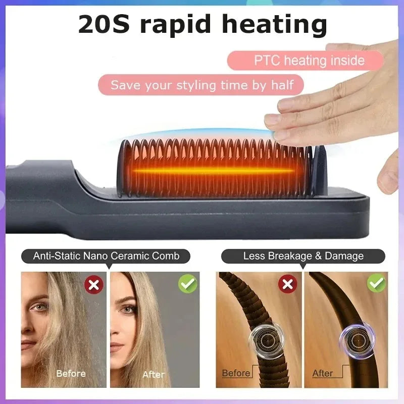 Pente Alisador Elétrico Multifuncional | Escova Alisadora de Cabelo | Iões Negativos | Anti-Queimadura | Ferramenta de Styling | Escova Alisadora