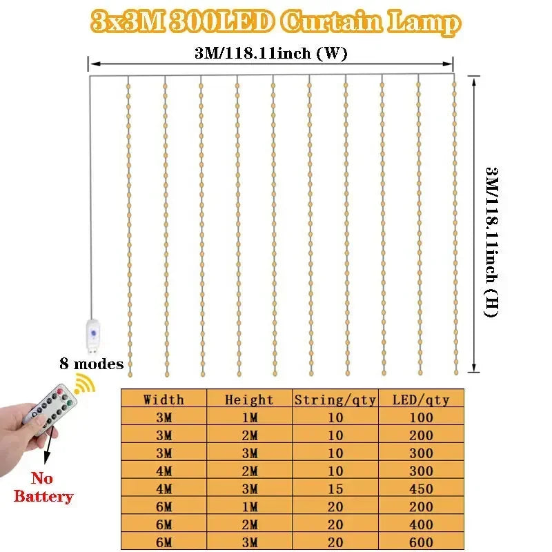 Luz de Cortina LED com Controle Remoto USB – 3m / 6m | 8 Modos de Iluminação | Decorativa para Quarto, Sala, Festas, Casamentos e Natal