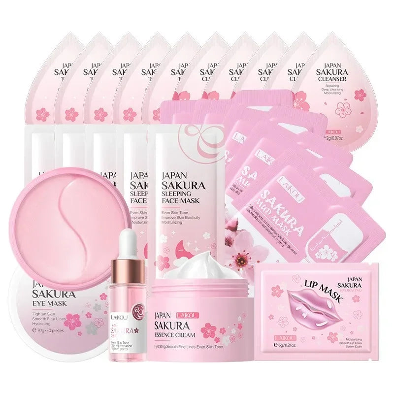 Kit Cuidados Pele Sakura 24 Peças – Máscaras Olhos Lábios Sérum Limpeza Tónico Essência Creme Hidratante