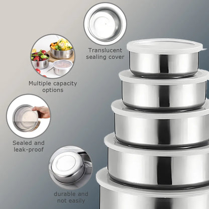 Kit 5 Caixas Conservação Aço Inox Frigorífico - Organizador Alimentos Hermético Multiuso