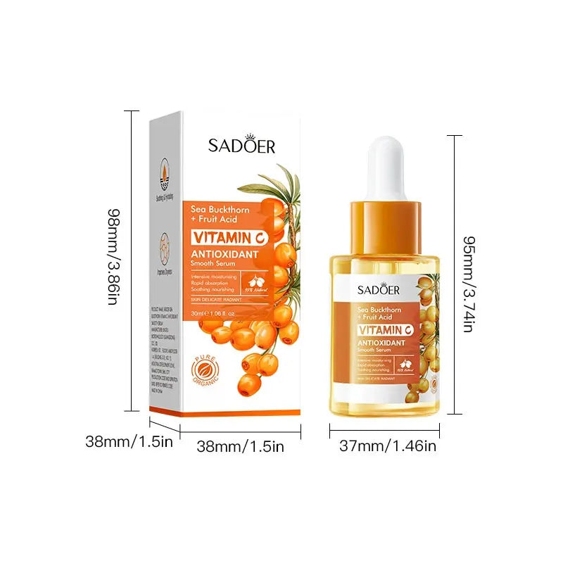 Sérum SADOER Espinheiro Mar Vitamina C – Antioxidante Iluminador Hidratante Essência Suave Pele Radiante 30ml