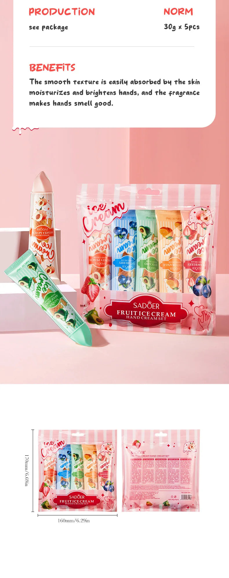Kit 5 Cremes de Mãos SADOER Gelado de Frutas – Hidratante Nutritivo Iluminador para Cuidado de Pele das Mãos