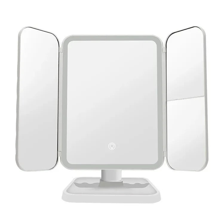 Espelho de Maquilhagem Tri-Fold com Luz LED | 3 Modos de Cor, Ampliação 3X e Base Desmontável
