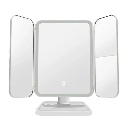 Espelho de Maquilhagem Tri-Fold com Luz LED | 3 Modos de Cor, Ampliação 3X e Base Desmontável