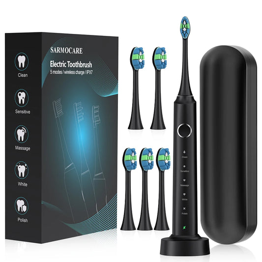 Escova Dentes Elétrica Sónica com 6 Cabeças - Timer Inteligente e Branqueamento Dental