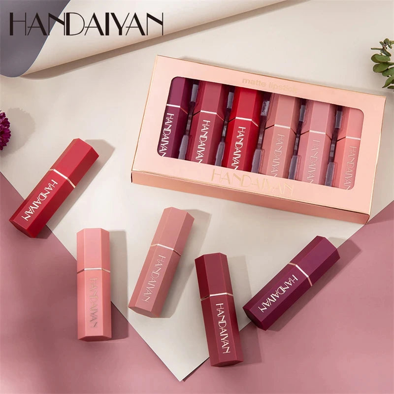 Kit HANDAIYAN 6 Batons Veludo Mate – Maquilhagem Lábios Nude Cosmético Pigmentado Cremoso