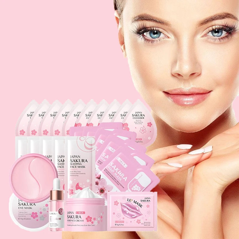 Kit Cuidados Pele Sakura 24 Peças – Máscaras Olhos Lábios Sérum Limpeza Tónico Essência Creme Hidratante