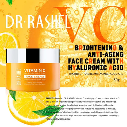 Creme Facial Vitamina C DR.RASHEL – Clareador Hidratante Iluminador Melhora Linhas Finas Pele Opaca Ácido Hialurónico Anti-Idade