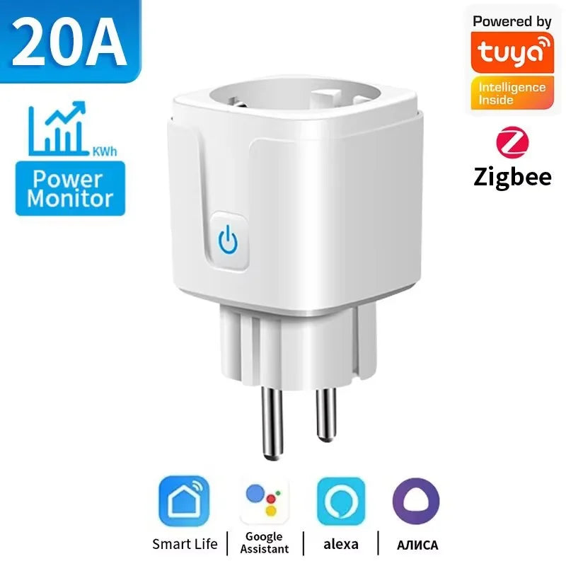 Tomada Inteligente TNCE Tuya WiFi / Zigbee 3.0 – Padrão EU 16A / 20A | Monitoramento de Energia, Temporizador, Controle por Voz | Compatível com Alexa