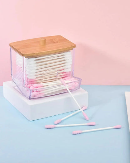 Porta Cotonetes com Tampa de Bambu – Dispensador de Cotonetes | Recipiente Transparente em Plástico com Tampa de Bambu | Organizador para Casa de Banho