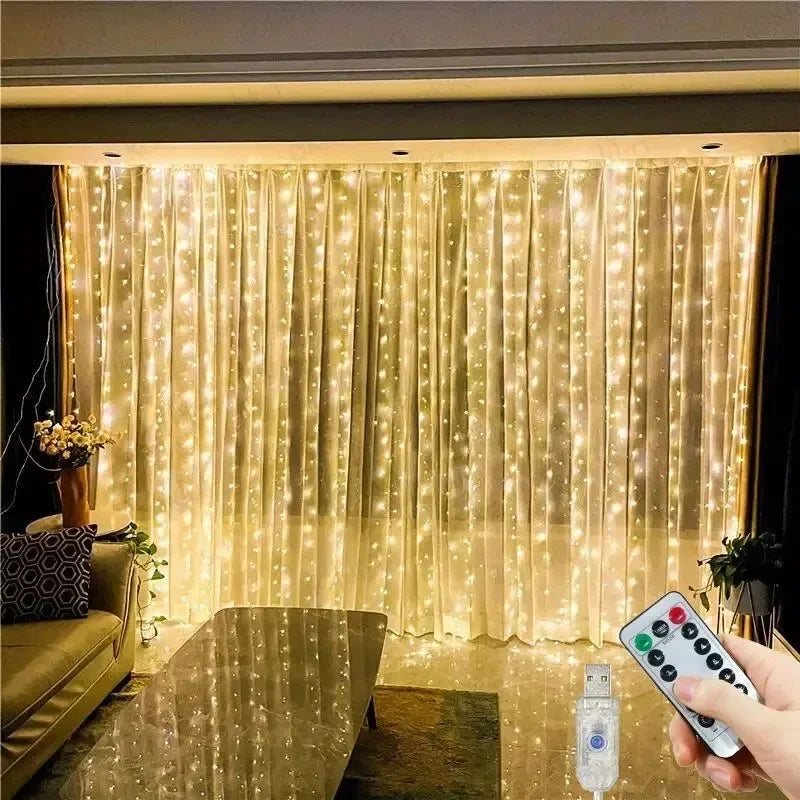 Luz de Cortina LED com Controle Remoto USB – 3m / 6m | 8 Modos de Iluminação | Decorativa para Quarto, Sala, Festas, Casamentos e Natal