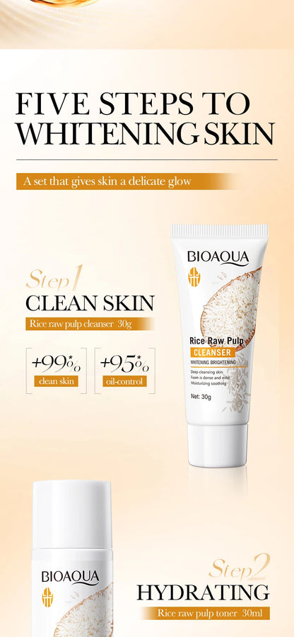 Conjunto de Cuidados de Pele BIOAQUA Rice | Limpeza, Tónico, Essência e Creme Iluminador