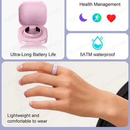 Smart Health & Sleep Ring | Gesture Control, 5ATM, Charging Case — Ola Esporte | White & Pink