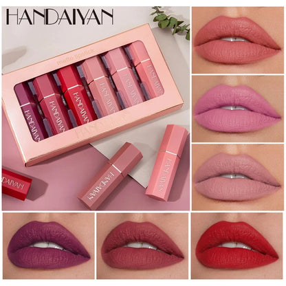 Kit HANDAIYAN 6 Batons Veludo Mate – Maquilhagem Lábios Nude Cosmético Pigmentado Cremoso