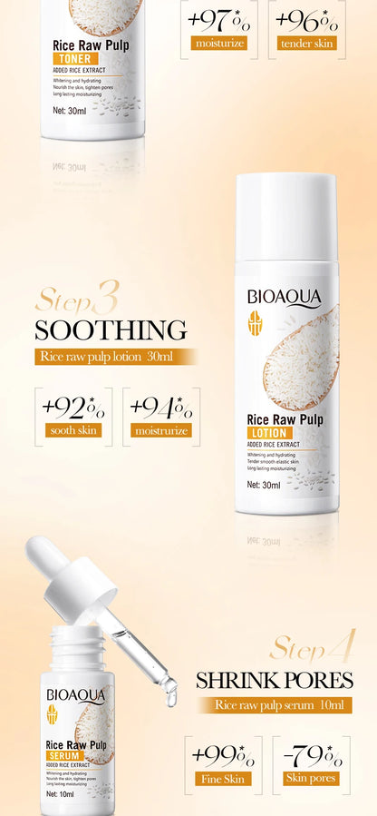 Conjunto de Cuidados de Pele BIOAQUA Rice | Limpeza, Tónico, Essência e Creme Iluminador