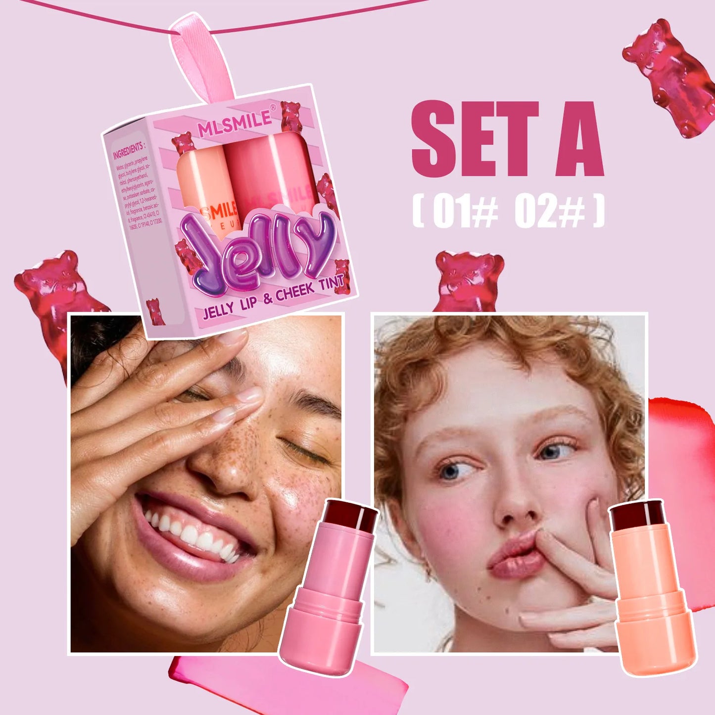 Kit 2 Blush Stick Jelly 2 em 1 Lábios e Rosto – Hidratante Longa Duração | MLSMILE