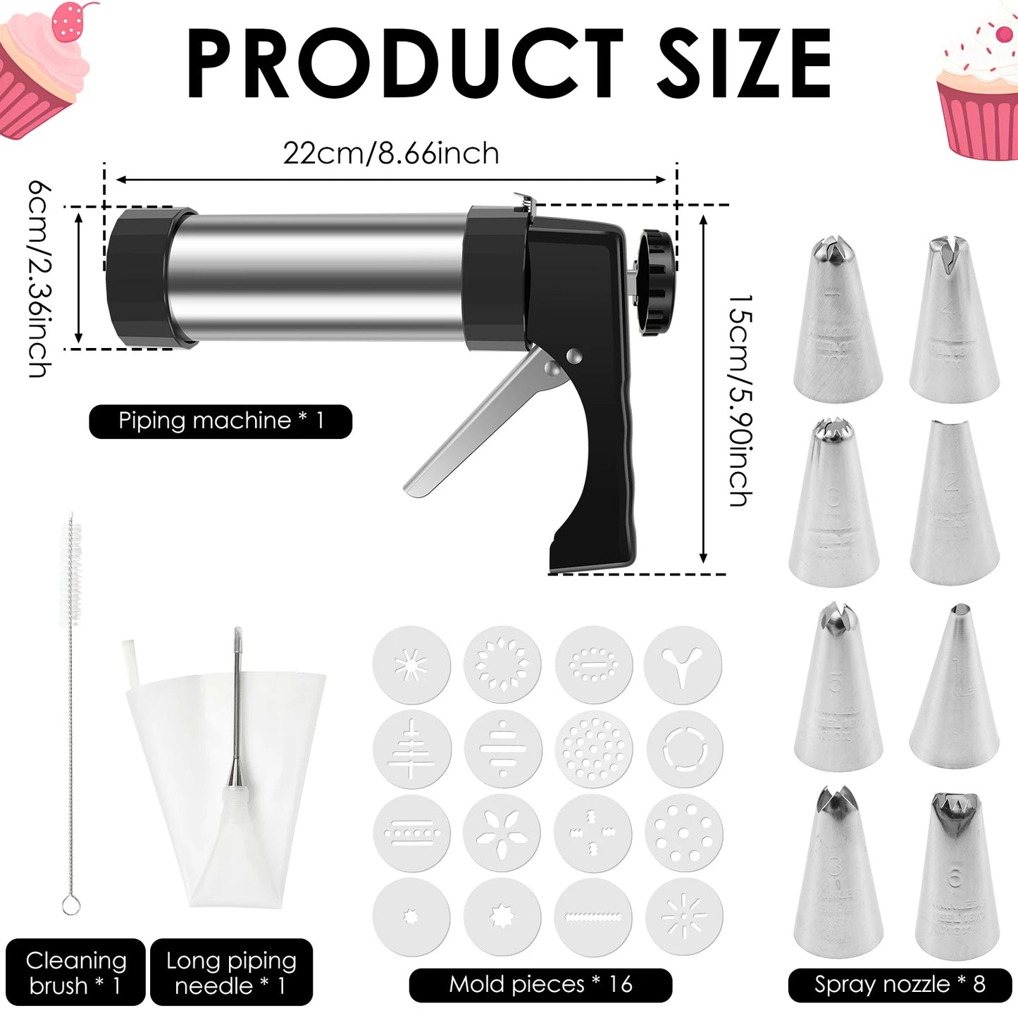 Kit Pistola Biscoitos Aço Inox com 16 Discos e 8 Bicos - Prensa Cookies Profissional