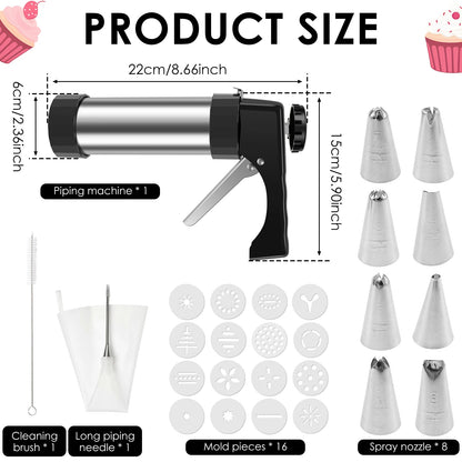 Kit Pistola Biscoitos Aço Inox com 16 Discos e 8 Bicos - Prensa Cookies Profissional