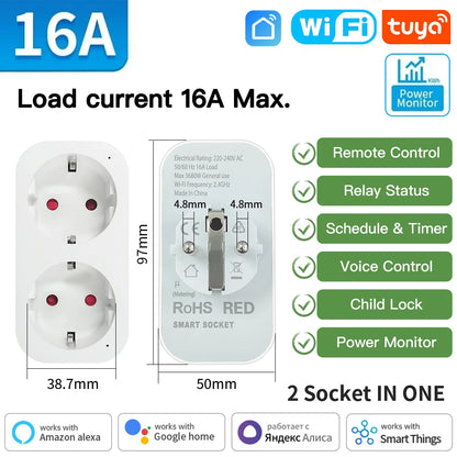 Tomada Inteligente TNCE Tuya WiFi / Zigbee 3.0 – Padrão EU 16A / 20A | Monitoramento de Energia, Temporizador, Controle por Voz | Compatível com Alexa
