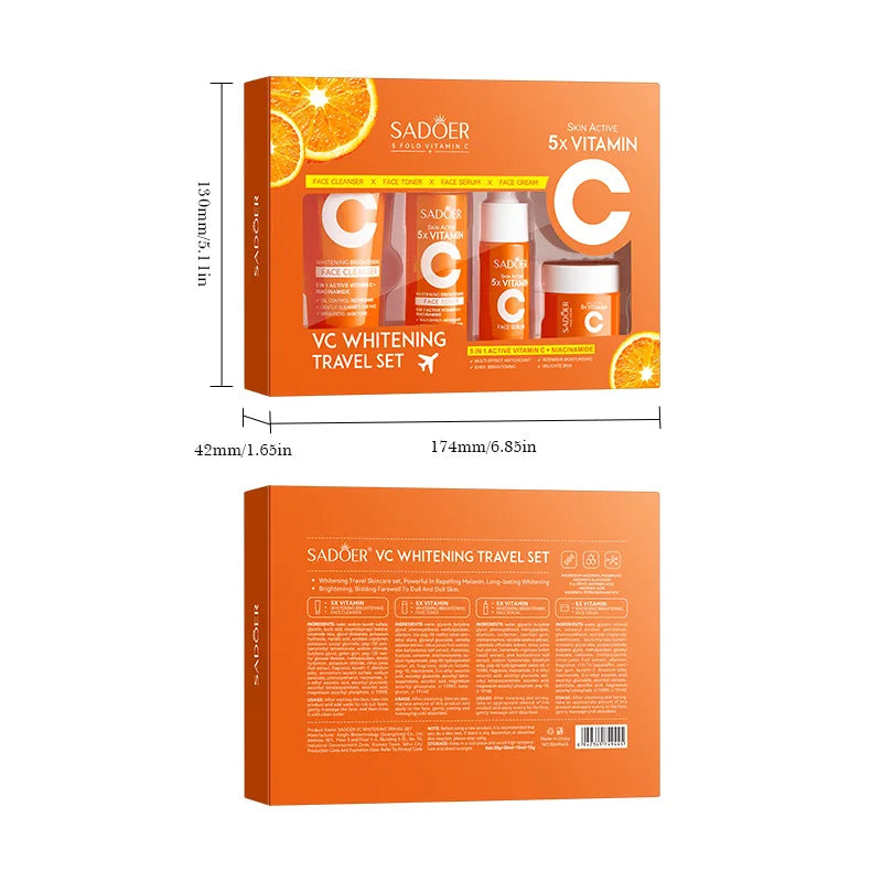 Kit de Cuidados com a Pele com Vitamina C – 5 Peças | Limpeza, Tónico, Essência, Creme e Hidratante | Conjunto Portátil para Viagem