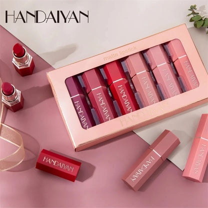 Kit HANDAIYAN 6 Batons Veludo Mate – Maquilhagem Lábios Nude Cosmético Pigmentado Cremoso