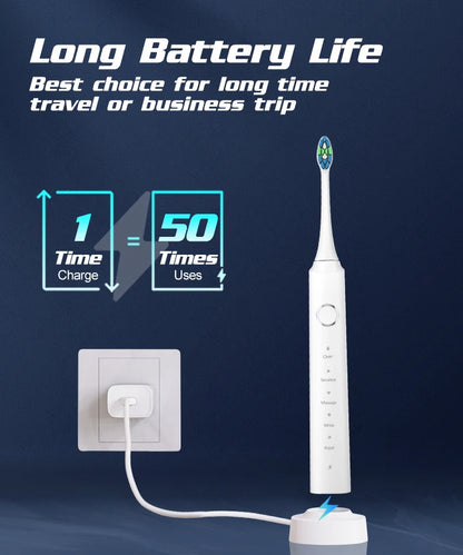 Escova Dentes Elétrica Sónica com 6 Cabeças - Timer Inteligente e Branqueamento Dental