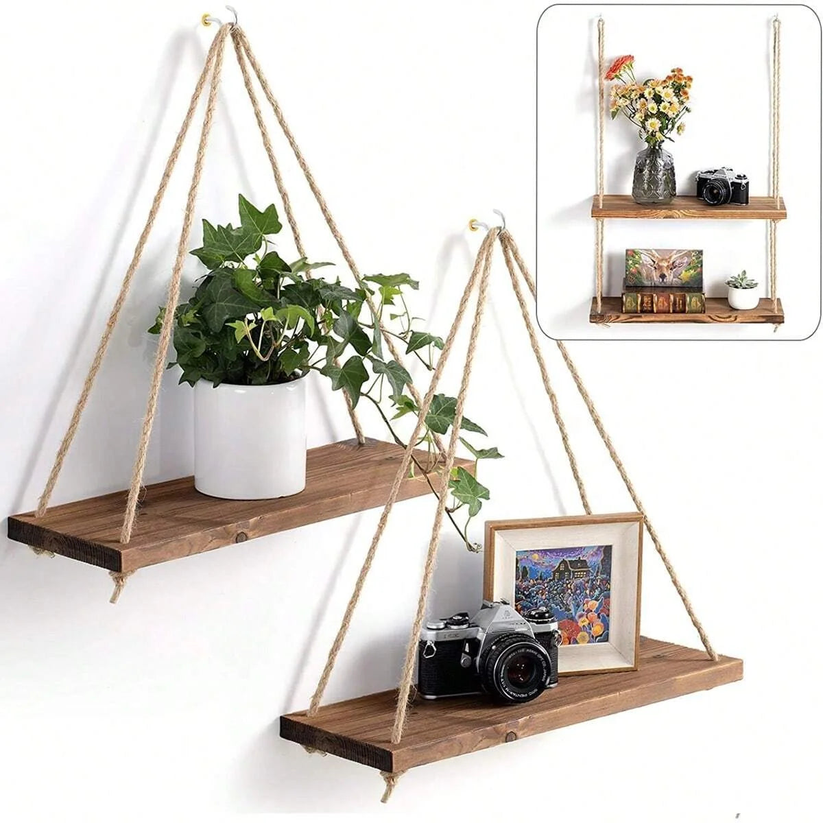 Prateleira Suspensa de Madeira com Corda de Cânhamo - Suporte Flutuante para Plantas e Decoração