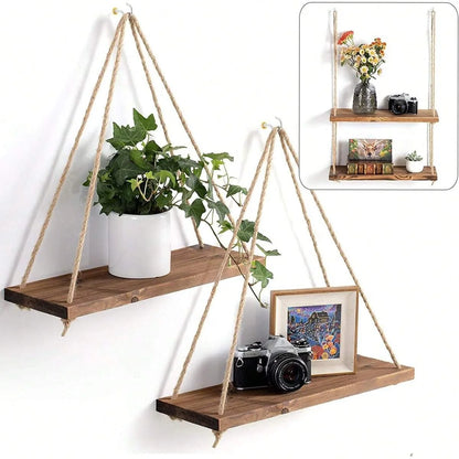 Prateleira Suspensa de Madeira com Corda de Cânhamo - Suporte Flutuante para Plantas e Decoração