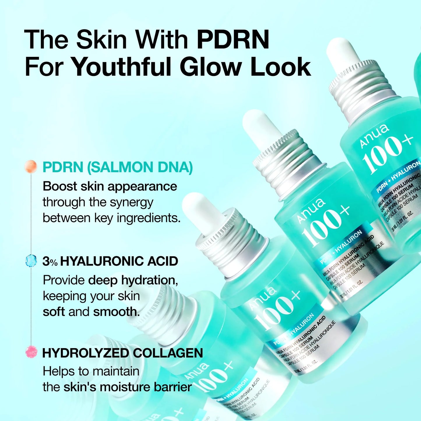 Sérum Anua PDRN 100+ Ácido Hialurónico Cápsulas – Hidratante Revitalizante Rosto Cuidado Pele Coreano Essenciais Beleza