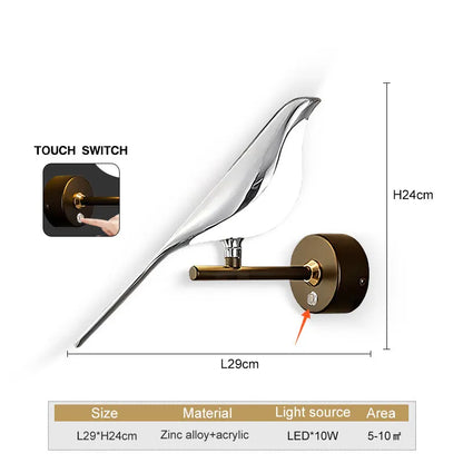 Arandela LED Pássaro Magpie Giratória 360° Dourada - Luminária Parede Nórdica para Quarto e Sala