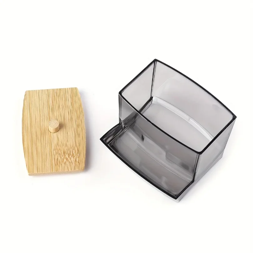 Porta Cotonetes Acrílico com Tampa de Bambu - Organizador Dispensador Transparente Casa de Banho