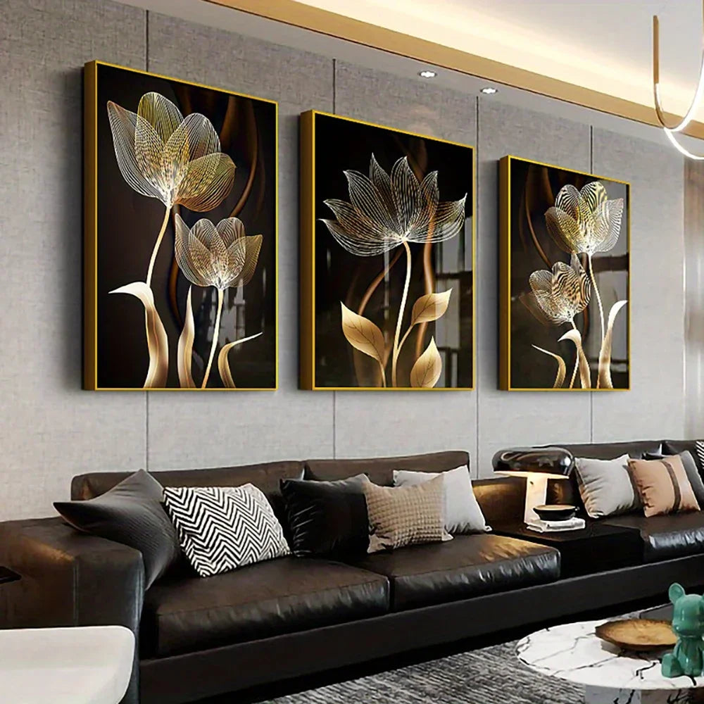 Quadro em Tela Flores Preto e Dourado – Arte Moderna Abstrata para Sala de Estar | Decoração de Casa