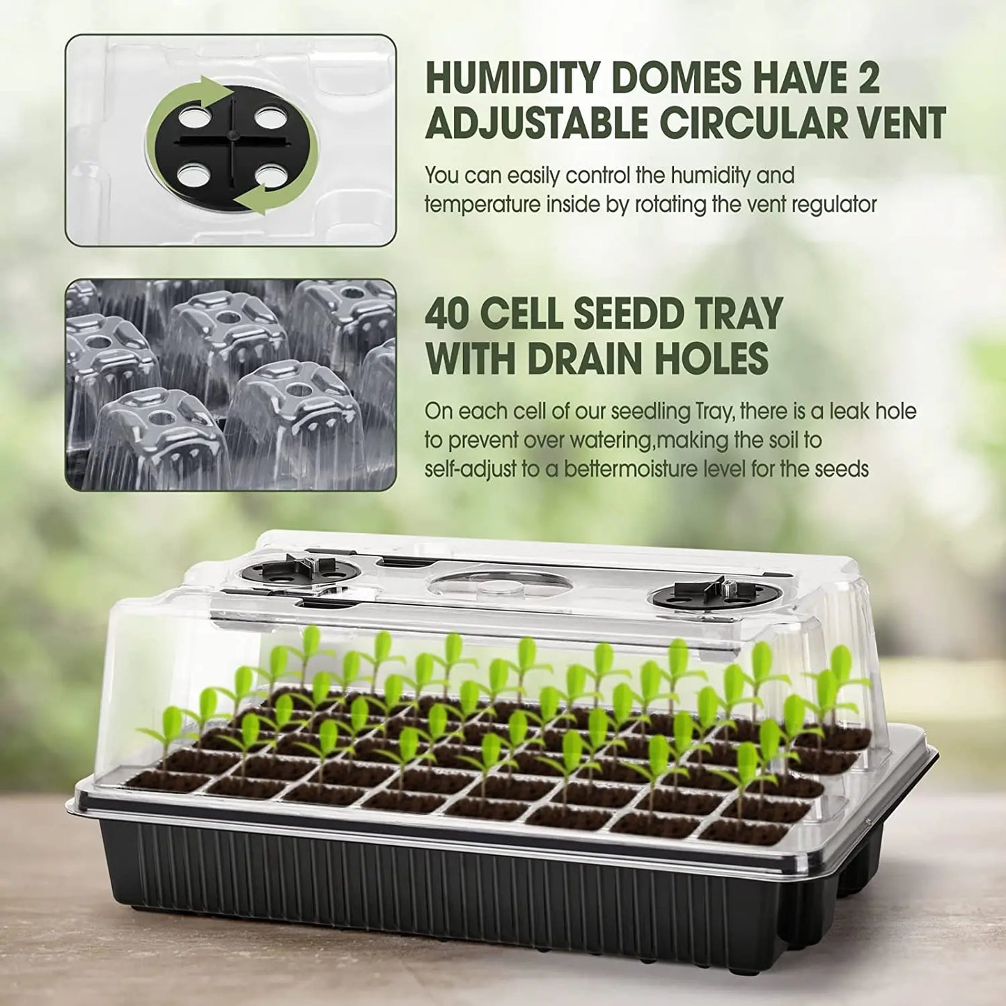 Kit Germinador 40 Células com 2 Luzes LED Crescimento – Cúpula Humidade Ajustável | Jardim Interior