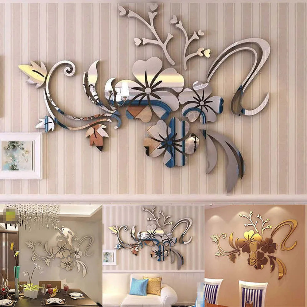 Autocolantes Espelho Floral 3D | Decoração de Parede Moderna e Elegante