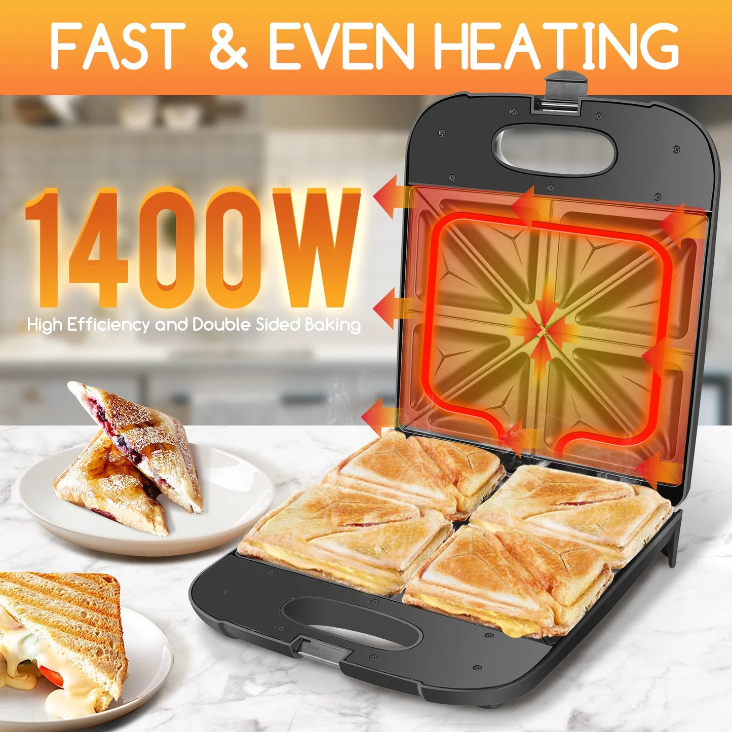 Sanduicheira Premium Aigostar XXL 1400W – 4 Sanduíches Simultâneos Grelhador Profissional Família