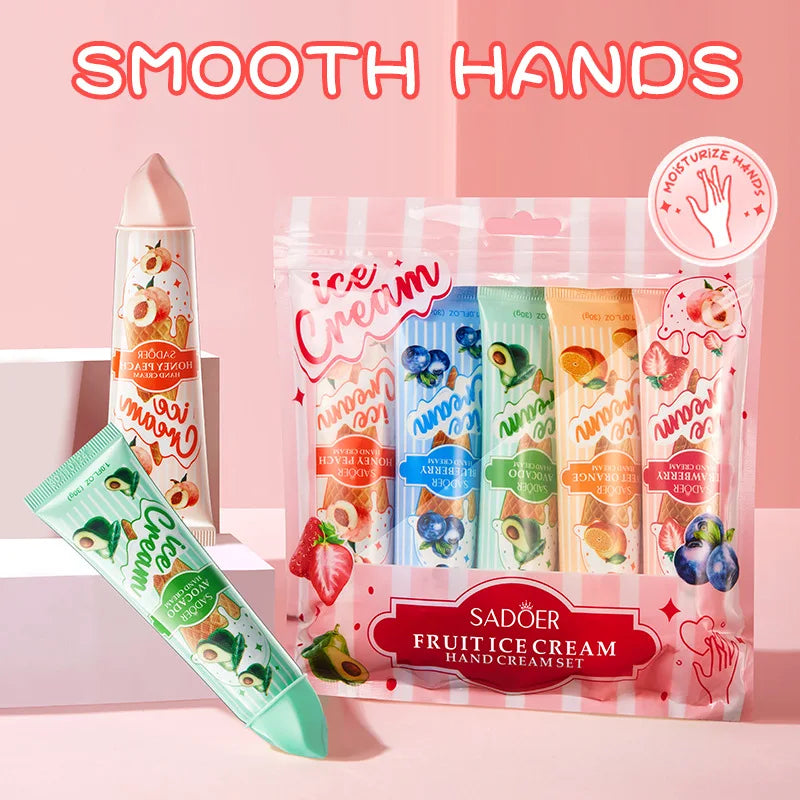 Kit 5 Cremes de Mãos SADOER Gelado de Frutas – Hidratante Nutritivo Iluminador para Cuidado de Pele das Mãos