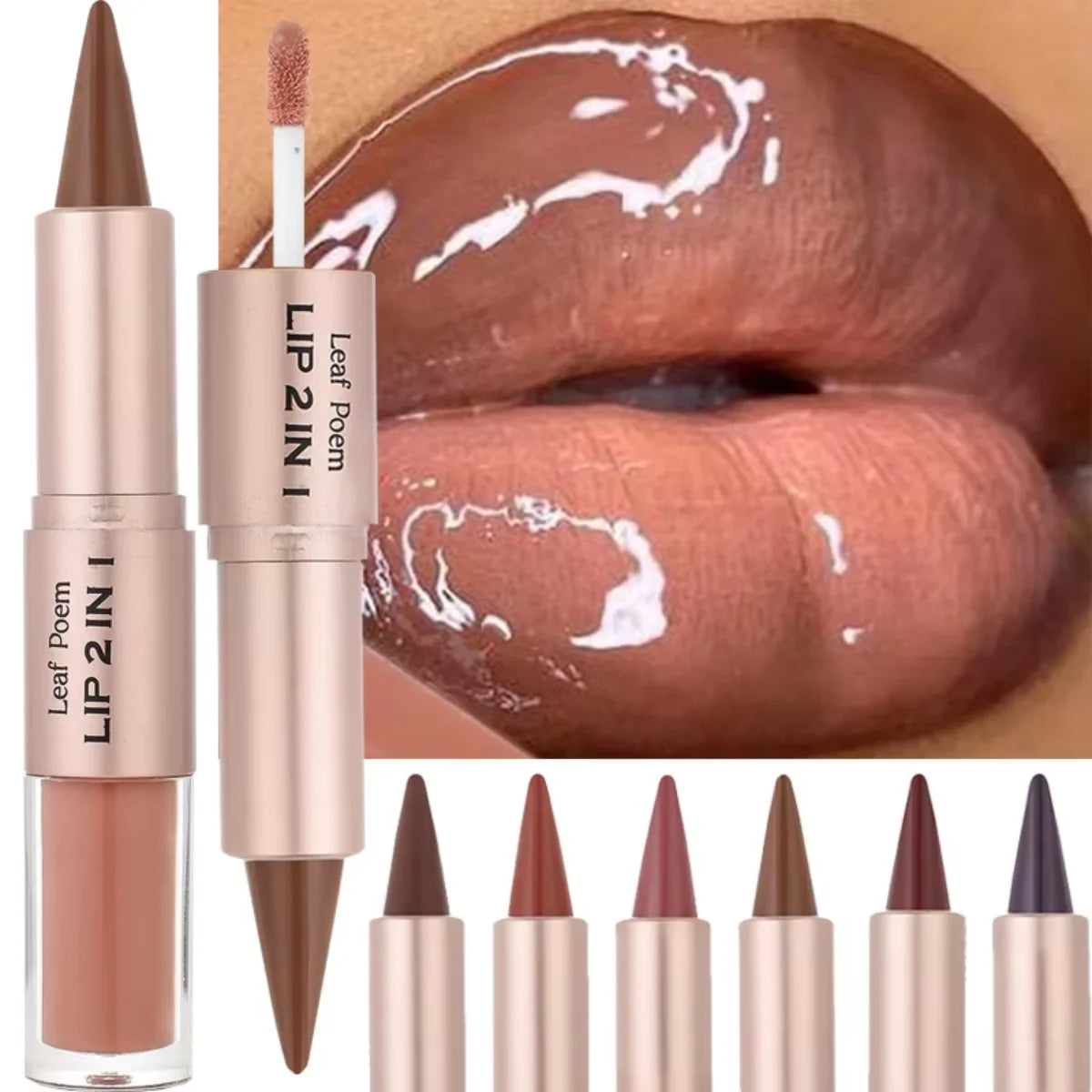 Lápis Labial 2 em 1 Delineador Mate – Gradiente Nude Castanho Gloss Espelho À Prova de Água Contorno Lábios