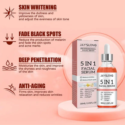 Sérum Facial 5 em 1 com 30% Vitamina C - Anti-Rugas Hidratante Clareador Niacinamida Ácido Hialurónico 30ml