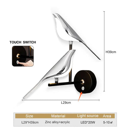 Arandela LED Pássaro Magpie Giratória 360° Dourada - Luminária Parede Nórdica para Quarto e Sala