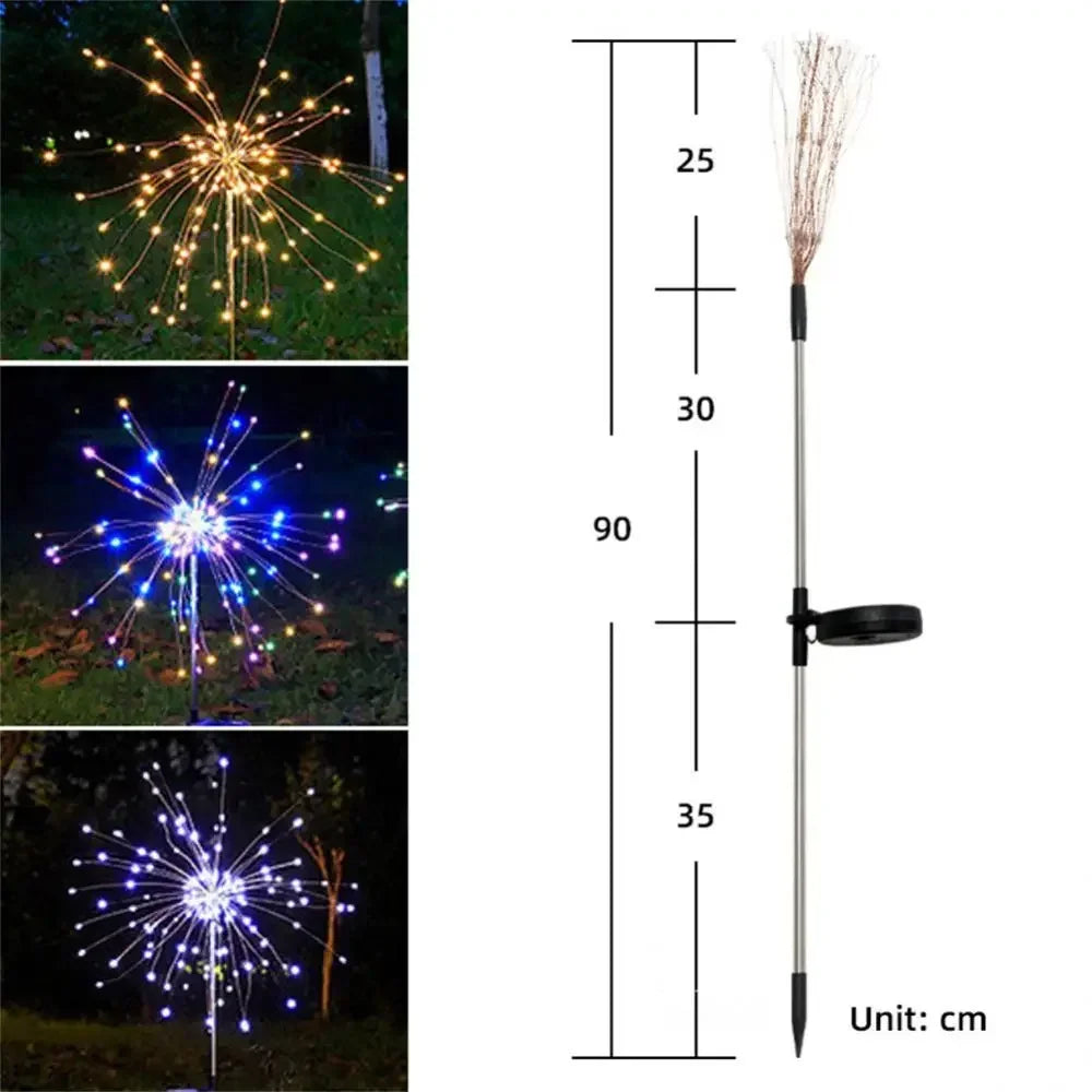 Luz Solar Jardim Fogo de Artifício 90/150 LED - Iluminação Exterior Impermeável 8 Modos Decoração Natal